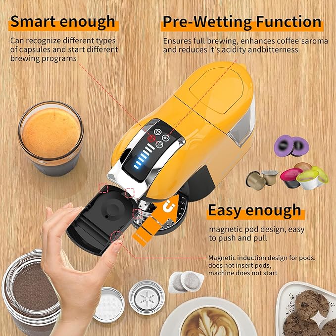 KOTLIE EM-308B Espresso Machine Single Serve Coffee Maker Compatible with Multiple Capsule Types Ground Coffee and ESE Pods 3 Temperatures 7 Water Volume Levels 34 Oz（Yellow）