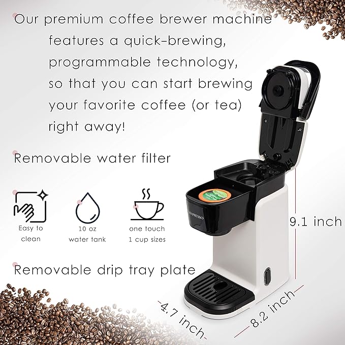 Mixpresso White Single Serve Coffee Maker for K Capsule Compact Mini Coffee Maker 800 Watt Coffee Machine for Pods or Ground Fast Brew Auto Shut Off 12 Oz Brew Size for Travel Office RV and Dorm