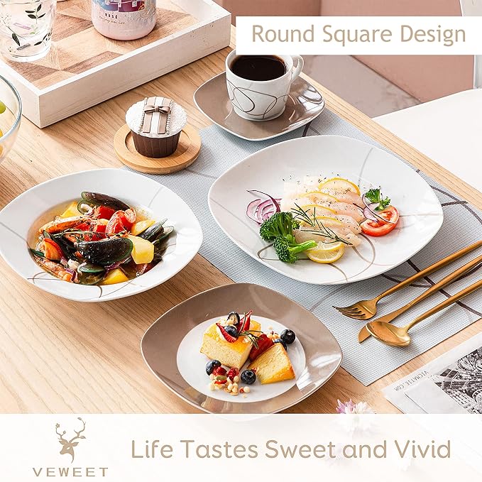 VEWEET 'Nikita' 30-Piece Dinner Set Ivory White Brown Lines Porcelain China Ceramic Combination Sets of Dessert Plates/Soup Plates/Dinner Plates/Cups/Saucers Service for 6