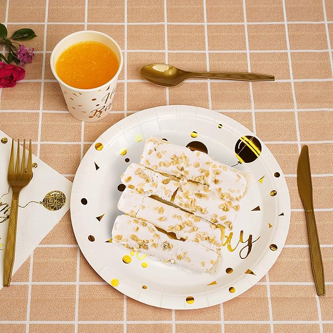 200 pieces of white and gold birthday party supplies disposable happy birthday tableware set gold plastic knives forks spoons straws. Birthday themed tray cup25Guests（white）