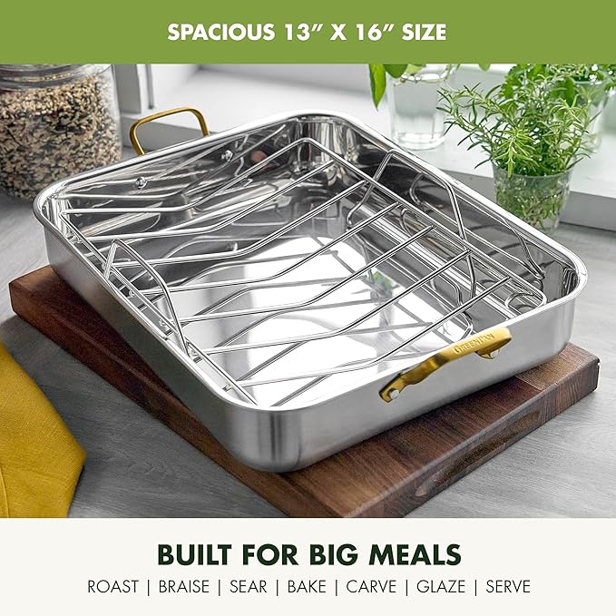 GreenPan Reserve 16 x 13 Tri-Ply Stainless Steel Roasting Pan with Roaster Rack Multiclad Cookware Induction Suitable Gold Stainless Steel Handles Dishwasher &amp Oven Safe Silver