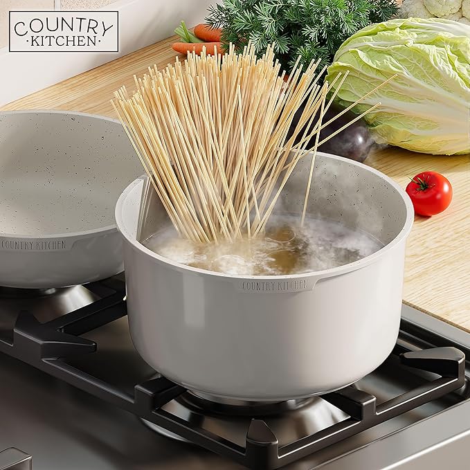Country Kitchen Cookware Set with Removable Handle Oven &amp RV Safe Pots and Pans Set Cream Gold Speckle Wood Handle Original