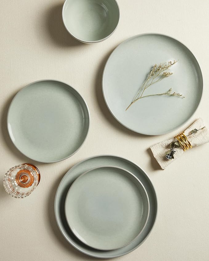 Santorini Mist Terracotta Reactive Glaze Plates and Bowls Sets Stoneware Dinnerware Sets Microwave and Dishwasher Safe Ceramic Dish Set Service for 4 Slate Green