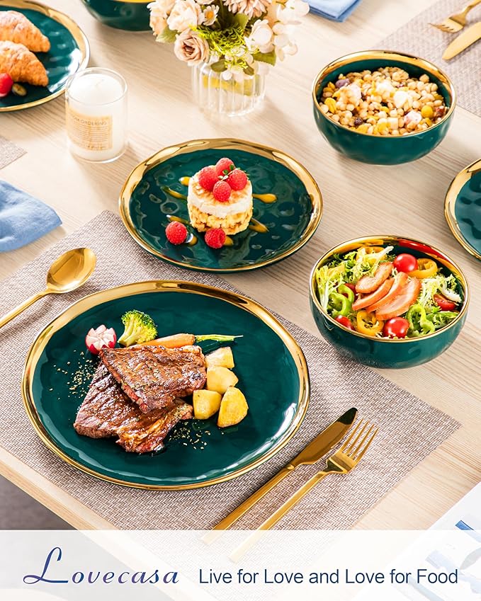LOVECASA 12 Pieces Plates and Bowls Sets Porcelain Green and Gold Dinnerware Sets Round Dinner Plates Dishes Set Service for 4 Dishwasher Safe and Scratch Resistant Green