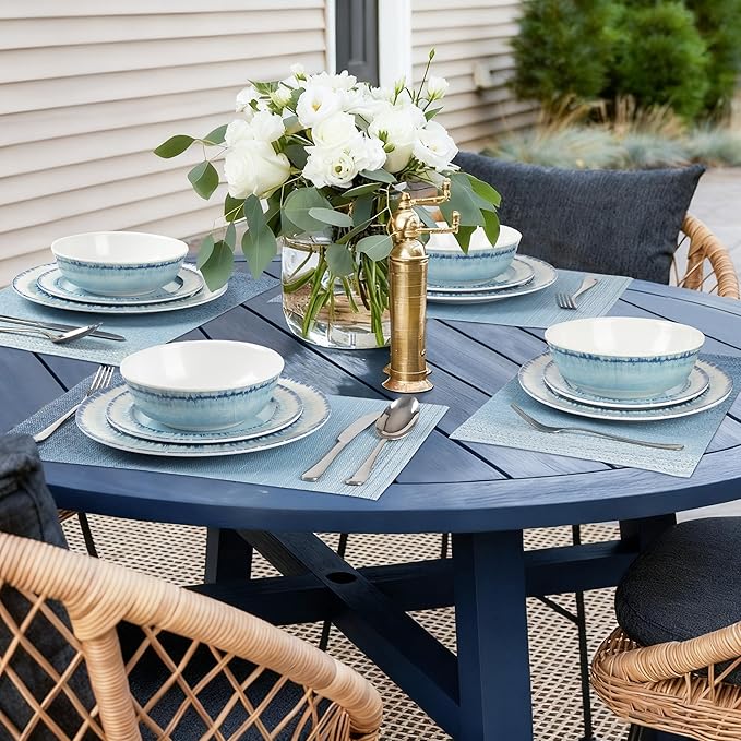 AELS Melamine Dinnerware Set of 12 Pcs Dinner Dishes Set with 4 Placemats for Indoor and Outdoor Use Dishwasher Safe Lightweight Unbreakable BPA Free Light Blue