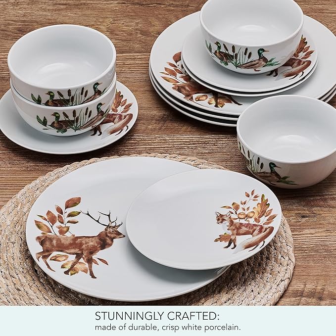 Studio Nova Woodland Wonders Lodge 12 Piece Dinnerware Plate Bowl Set Service for 4