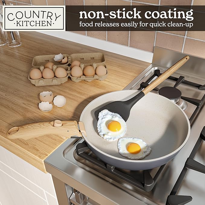 Country Kitchen Cookware Set with Removable Handle Oven &amp RV Safe Pots and Pans Set Grey/Ivory Wood Handle Original