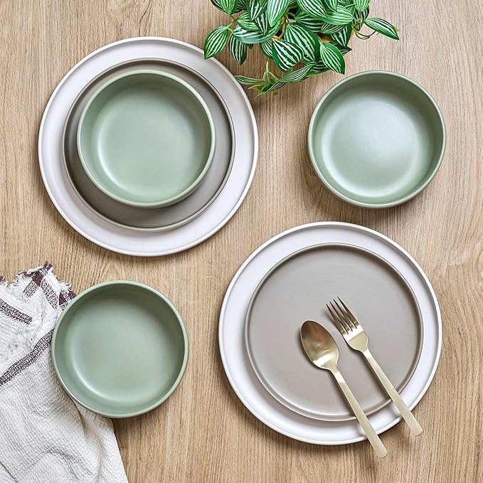 Sango 12-Piece Stoneware Dinnerware Set for 4 Satin Glazed Plates and Bowls Sets with Matte Finish Ceramic Dish Set Durable Kitchen Dishes Microwave &amp Dishwasher Safe for Casual Dining Rollo
