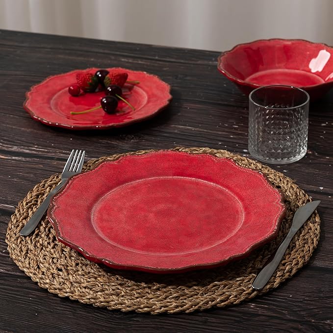 LEHAHA Farmhouse Red 12 Piece Melamine Dinnerware Sets For Indoor and Outdoor Use Rustic Dishes Dinnerware Sets with Bowls and Dinner/Dessert Plates BPA free Dinner Dishes Set Service for 4