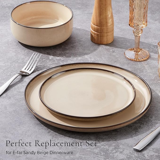 E-far 12-Piece Plates and Bowls Set and 10.5” Ceramic Dinner Plates Set of 6 Bundle Stoneware Dinnerware Sets for 4 Round Salad Plate for Home Kitchen Restaurant Microwave &amp Dishwasher Safe