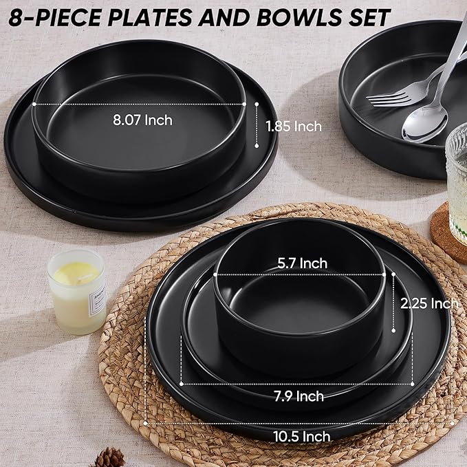 E-far 8-Piece Black Plates and Bowls Sets - Stoneware Dinnerware Sets with Pasta Bowls for 2 | Matte Black Kitchen Modern Dish Set Microwave &amp Dishwasher Safe