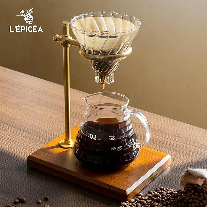 L'ÉPICÉA Pour Over Coffee Maker Set Pour Over Coffee Maker with Stand Adjustable Stainless Steel Stand Wooden Base Paper Filters Cone Glass Coffee Carafe Pour Over Coffee Dripper