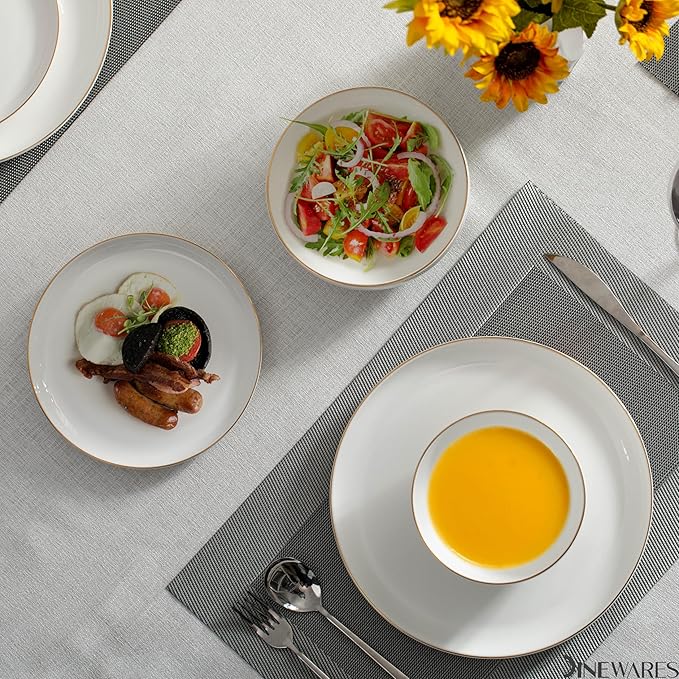 Perlaceo Luxurious Collection Bone China Dinnerware Set-Lightweight and Durable-Service for 4 or 8 Including Dinner Salad Plates and Cereal or Soup Bowls 16-Pc White w/Gold Rim