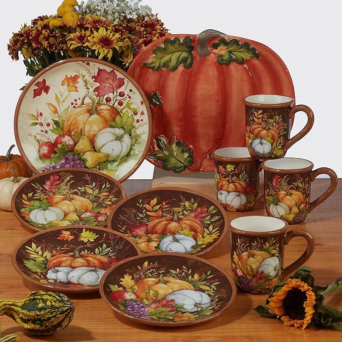 Harvest Blessings 16-Piece Ceramic Dinnerware Set Service for 4 – Celebrate the season with charming autumn motifs perfect for everyday dining fall gatherings and festive Thanksgiving tables