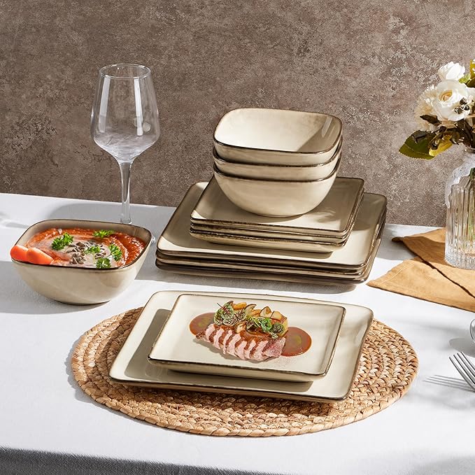 E-far Square plates and bowls Sets for 6 18-Piece Reactive Glaze Stoneware Dinnerware Sets Porcelain Dishware Sets for Kitchen Home Microwave &amp Dishwasher Safe Sandy Beige