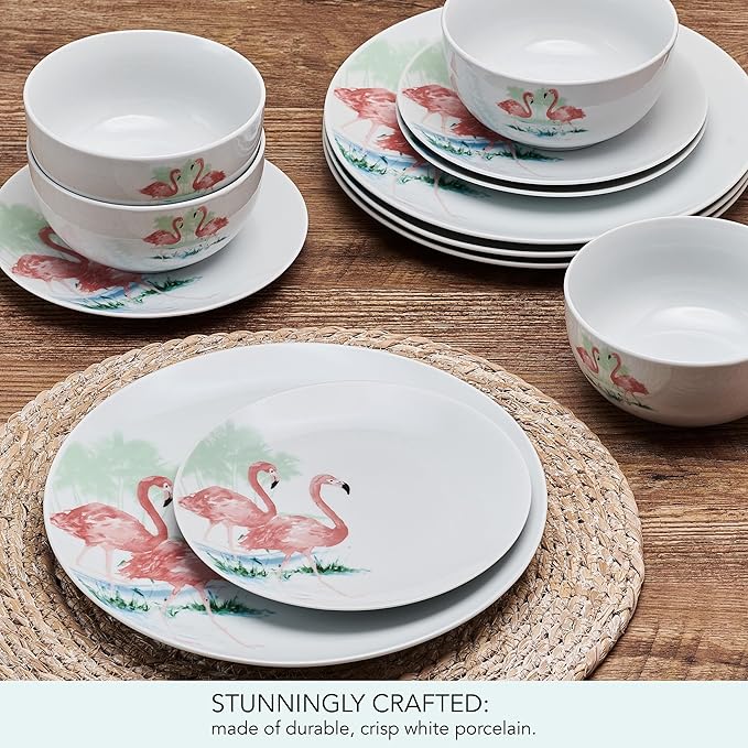 Studio Nova Flamingo Haven Tropical 12 Piece Dinnerware Plate Bowl Set Service for 4