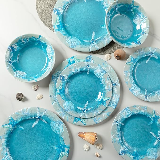 12 PCS Melamine Dinnerware set Unbreakable Coastal Plates and Bowls Set Lightweight Chip Resistant Oceanic Dishes Set Service for 4 Great for Camper RV Indoors Outdoors Use