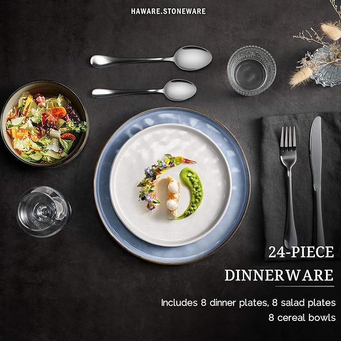 HaWare Dinnerware Sets 24-Piece Plates and Bowls Set Stoneware Dish Set for 8 Ceramic Dinnerware for Home Restaurant Chip and Scratch Resistant Microwave and Dishwasher Safe Multicolor