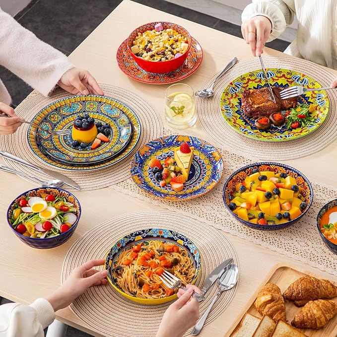 vancasso 24 Pieces Plates and Bowls Set Bohemian Style Dinnerware Sets Service for 6 Porcelain Boho Dishes Set for Kitchen Housewaring Gift Dishwasher and Microwave Safe Series KRVI