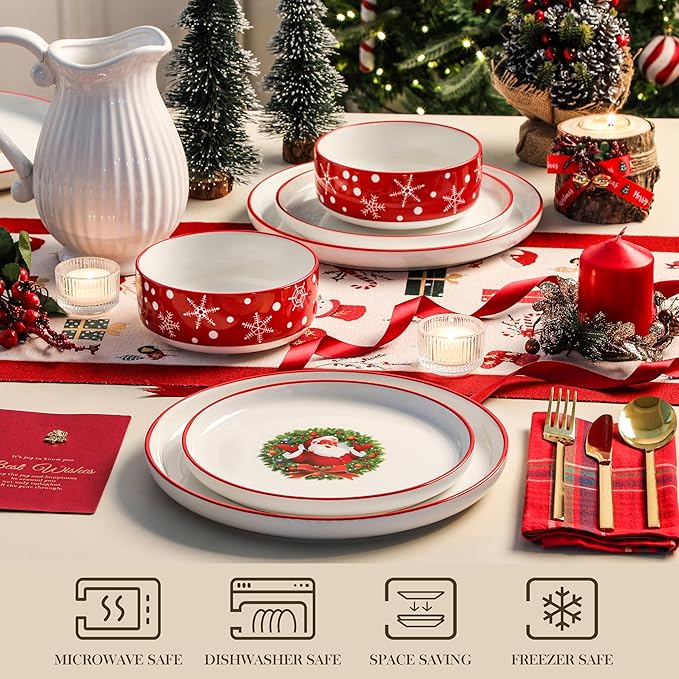 MALACASA Plates and Bowls Sets 12 Pieces Christmas Porcelain Dinnerware Set for 4 Ceramic Dishware Dishes Kitchen Dinner Dining Ware Set Microwave and Dishwasher Safe Series LUNA-Santa Claus