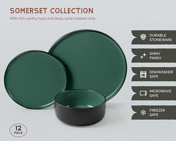 Dinnerware Set 12 Piece Service for 4 Vase and Vessel Ceramic 10.5” Dinner Plates 8.2” Salad Plates and 20 oz Bowls Stoneware Somerset Collection (Black/Jade)