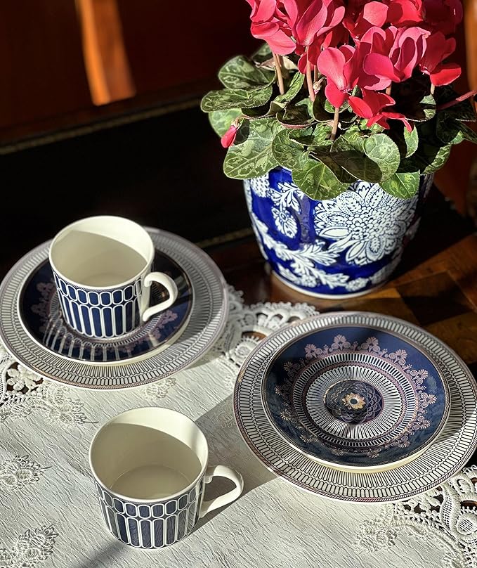 Bone China Deep Plate Set of 4 Dinner Plates Salad Plates Dinnerware Sets Serving Bowls Soup Bowls Kitchen Plates Tableware Set for Home and as a Gift (Noble Cobalt)