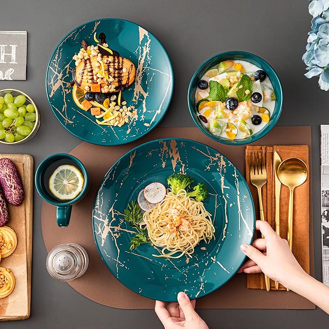 LOVECASA Porcelain Dinnerware Sets for 4 16 PCS Plates and Bowls Set Color Glaze with Gold Plate Dish Set Dinner Sets with Dinner Plates Dessert Plate Bowls and Mugs Dark Green