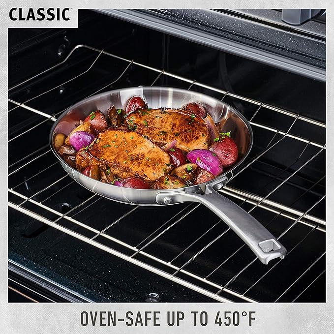 Calphalon Classic Stainless Steel Cookware Set 10-Piece Impact-Bonded Aluminum Base Stay-Cool Handles Oven Safe 450F Silver