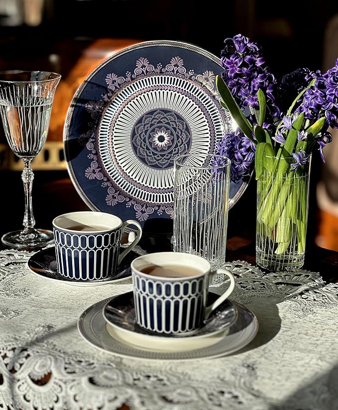 Bone China Deep Plate Set of 4 Dinner Plates Salad Plates Dinnerware Sets Serving Bowls Soup Bowls Kitchen Plates Tableware Set for Home and as a Gift (Noble Cobalt)