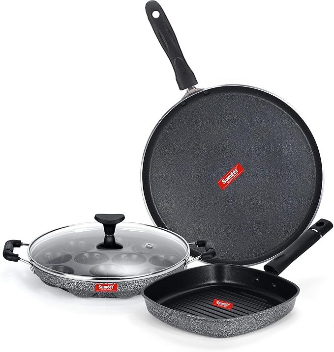 SUMEET NonStick Aluminium Cookware Set Dosa Tawa - 26.5Cm Dia Grill Appam Patra with Glass Lid - 12 Cavity - 22cm Dia Grill Pan-22cm Dia (Silver)