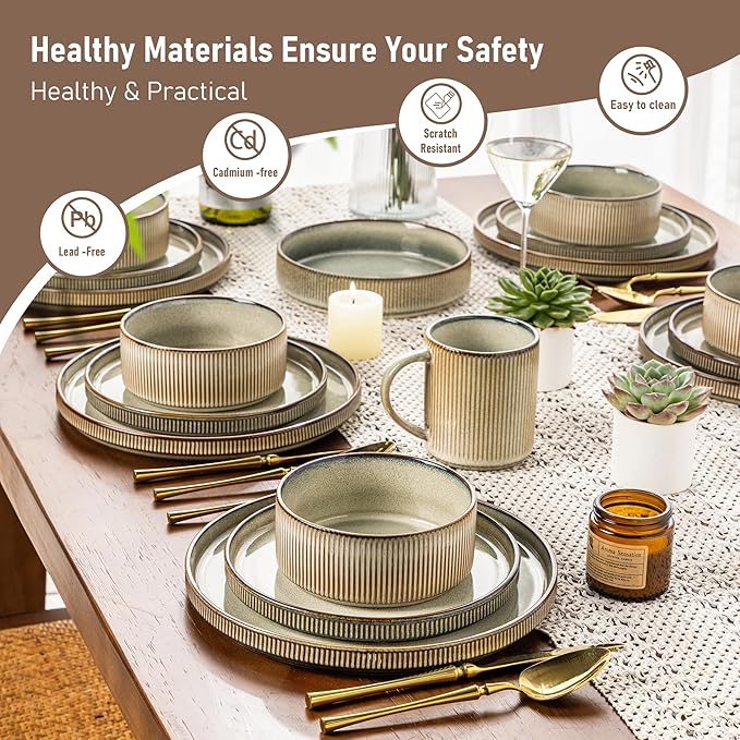 GBHOME 18-Piece Stoneware Dinnerware Set for 6 – Ribbed Ceramic Plates and Bowls Scratch-Resistant Microwave &amp Dishwasher Safe Reactive Glaze Mist Green