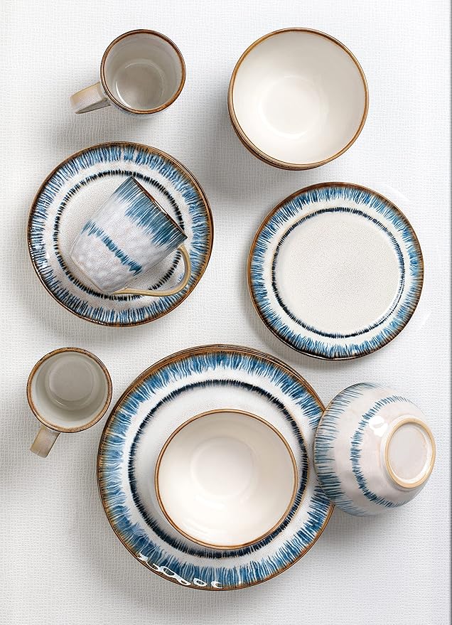 Elegant and Modern Stoneware Scroll Dinnerware Set for Hosting Parties and Events - Blue Swirl 16 Piece