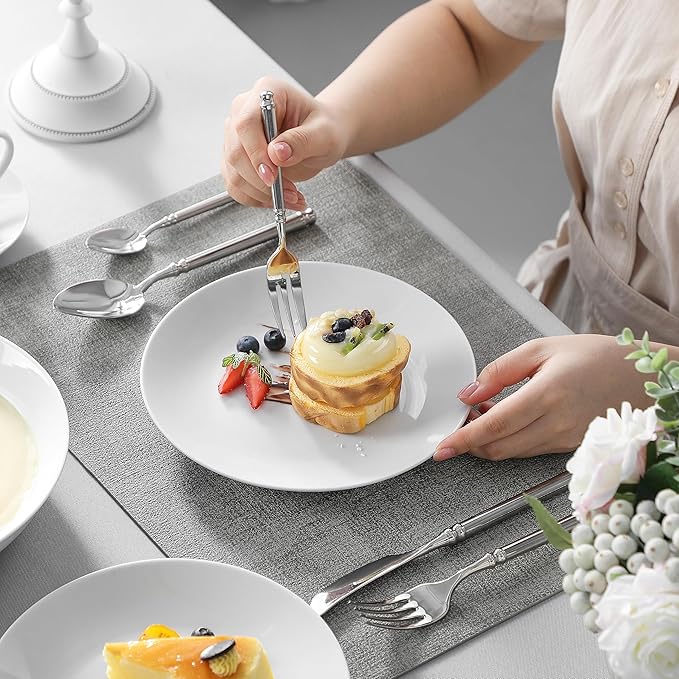 MALACASA 30-Piece Gourmet Porcelain Dinnerware Sets Modern White Round Dish Set for 6 - Premium Serving Plates and Bowls Sets for Dessert Salad Soup Pasta - Series AMELIA