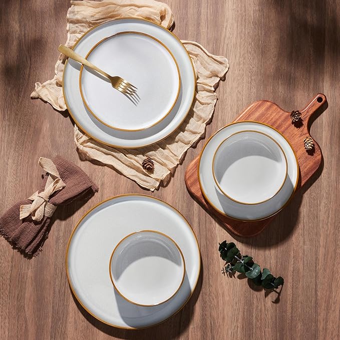 E-far Plates and Bowls Set for 4 12-Piece Stoneware Dinnerware Sets Ceramic Dinning Ware Reactive Glaze Dishes Set Microwave &amp Dishwasher Safe - Seashell White