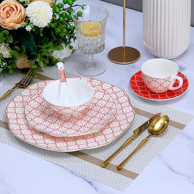 24-Piece Ceramic Porcelain Dinnerware Set for 4: Premium Bone China - Red Checkered Handcrafted Plates &amp Bowls | Heavy Duty Chip &amp Scratch Resistant | Gourmet Oven &amp Dishwasher Safe