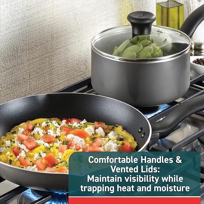 T-Fal Initiatives Non Stick Fry Pan 2 Piece Set 8.5 10 Inch Oven Broiler Safe 350F Cookware Kitchen Cooking Set Skillets Frying Pans Egg Pan Omelet Pan Pots and Pans Dishwasher Safe Black