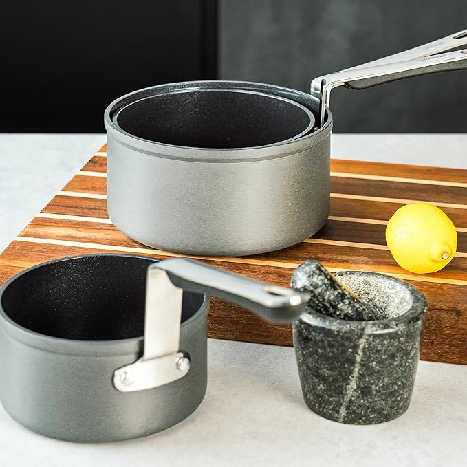 3-Piece Cookware Set Consisting of 14 cm Milk Pan 16 cm Saucepan with Lid and 18 cm Saucepan with Lid Stackable Anodised Aluminium