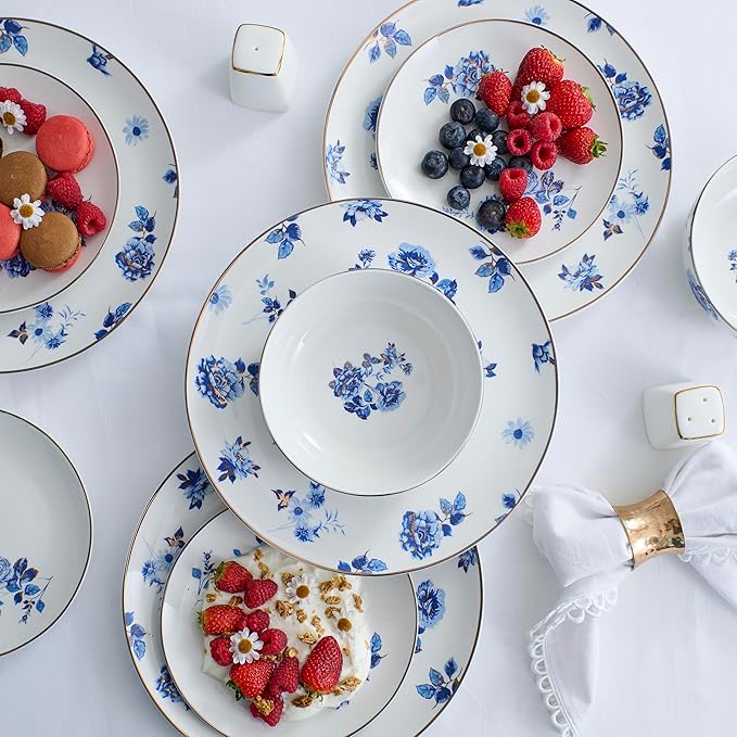 Stone Lain Viola 12-Piece Dinnerware Set Porcelain Plates and Bowls Set Dish Set for 4 Microwave and dishwasher Safe Blue