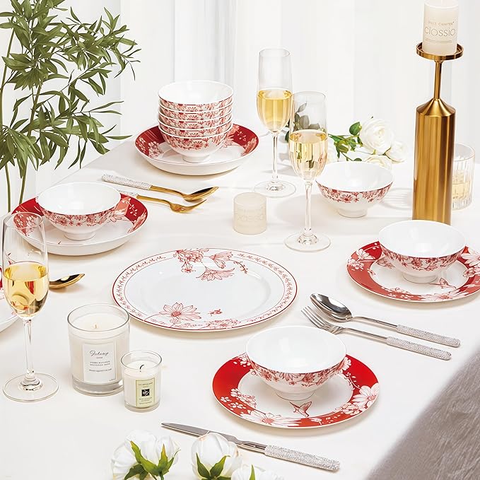Fine Bone China Dinnerware SetPorcelain&ampCeramic Dinnerware Sets Bone Stoneware&ampCeramic Cookware Tableware Set Includes Dinner Plates|Spoons|Pasta Bowls|Soup Pot|Chopsticks (40 PCS)