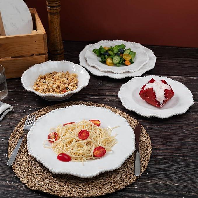 Cream 12pcs Beaded 100% Melamine Dinnerware Set Elegant Scalloped Edge Durable &amp Shatterproof Outdoor Dining SetUnbreakable Plates &amp Bowls Set for Indoor/Outdoor Use Dishwasher Safe