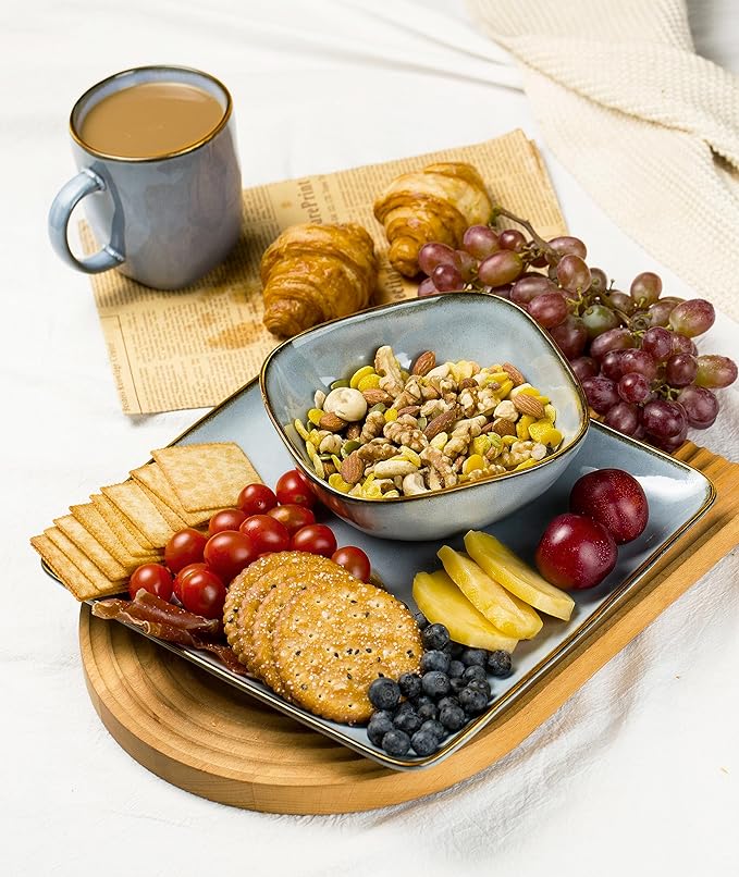 Famiware Ocean Square Plates and Bowls Sets for Kitchen 16-Piece Dinnerware Sets for 4 Mug Set for 4 Blue