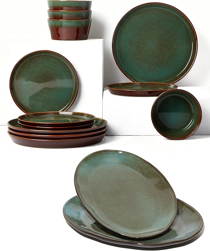 14 Pieces Dinnerware Sets with Serving Platters Brown Green