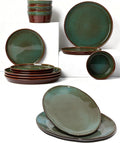 14 Pieces Dinnerware Sets with Serving Platters Brown Green
