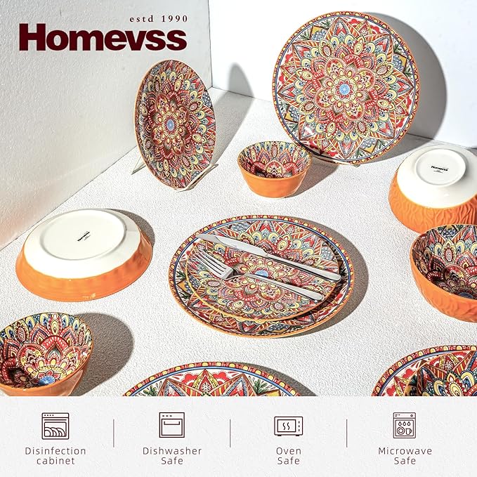 Homevss 20 Pieces Dinnerware Sets Plates and Bowls Set Porcelain Dishes Set for 4 Microwave and Dishwasher Safe Scratch Resistant Bohemian Style Dining Ware