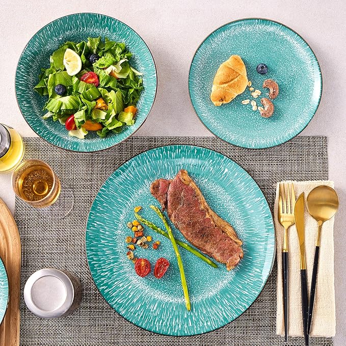 Bestone 12-Piece Round Porcelain Dinnerware Set Service for 4 Chip Resistant Plates and BowlsGreen Dishwasher &amp Microwave Safe for Home Daily Use