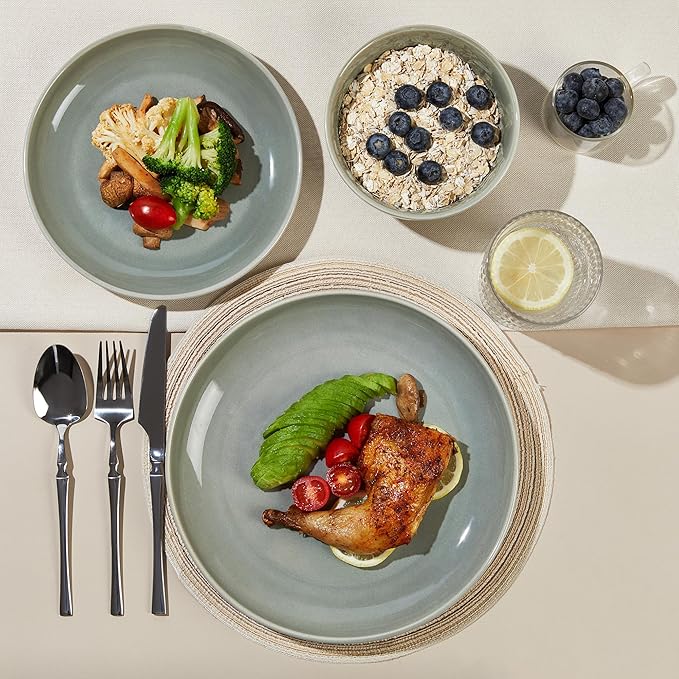 Stoneware Dinnerware Sets Service for 12 36 pcs Reactive Glaze Plates and Bowls Sets Handmade Ceramic Dish Set Highly Chip and Crack Resistant Modern Plate Set Gradient Green