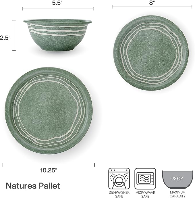 Pfaltzgraff Nature's Pallet 12 Piece Stoneware Dinnerware Set Service for 4 Modern Style High Rims for Everyday use Green