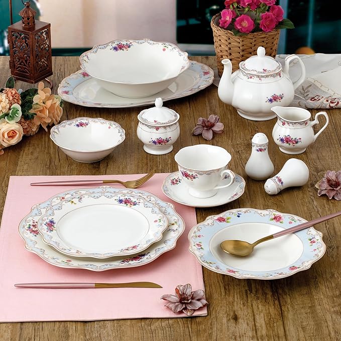 Joseph Sedgh Collection Romantic Bloom 57-Piece Bone China Dinnerware Set Service for 8 Floral with Blue and Gold Trim