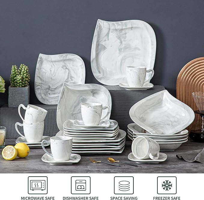 MALACASA FLORA 30 Piece Marble Grey Square Dinnerware Sets Bundle With ELVIRA 30 Piece Grey Dinner Set