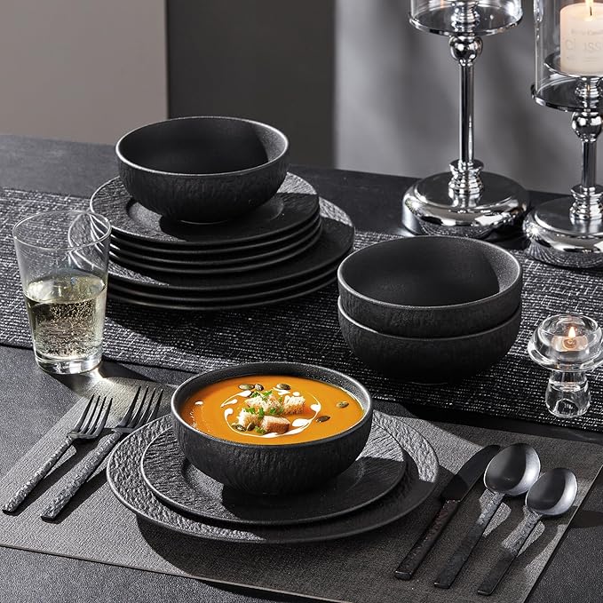 KINGSTONE Black Dinnerware Sets 24-Piece Matte Marble Pattern Premium Porcelain Place Setting with Dinner Plate Salad Plate Pasta Bowl Microwave and Dishwasher Safe
